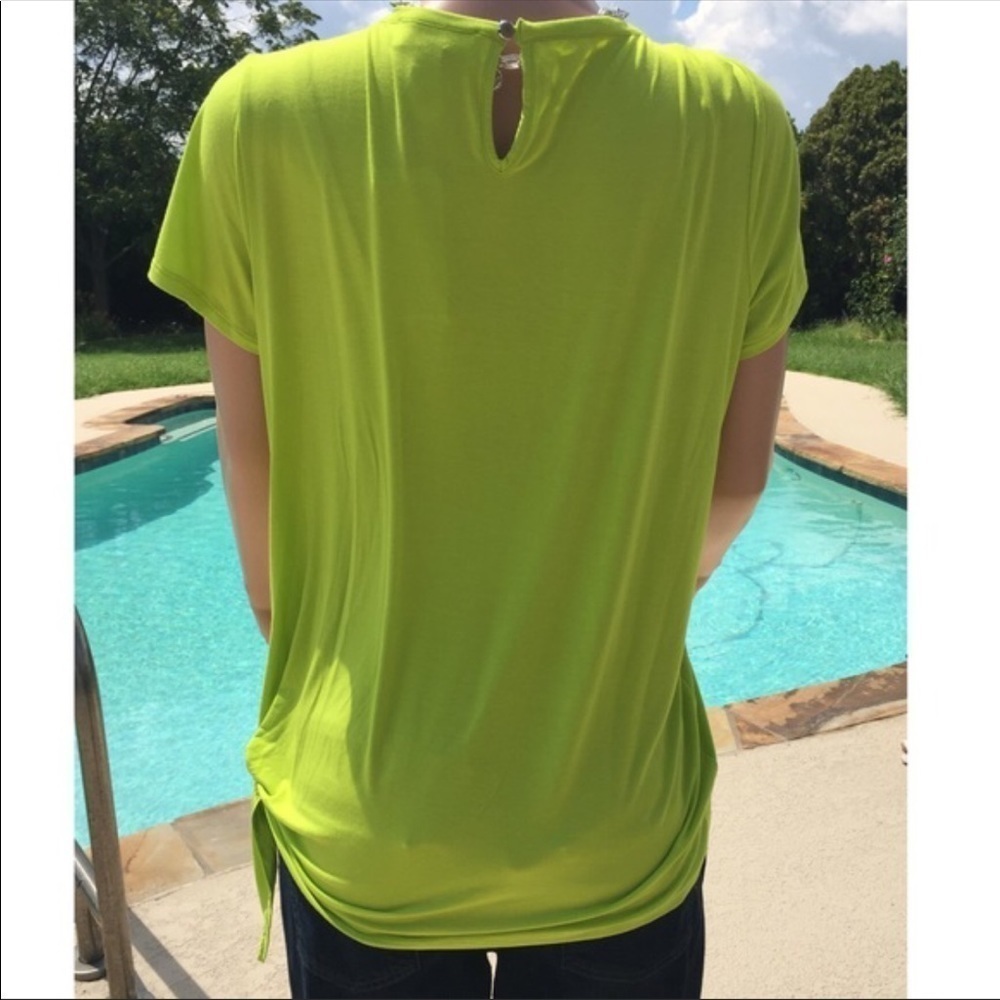 Michael Kors Chartreuse Tie Side Top Size Large Keyhole Back Short Sleeve Blouse - Picture 9 of 9